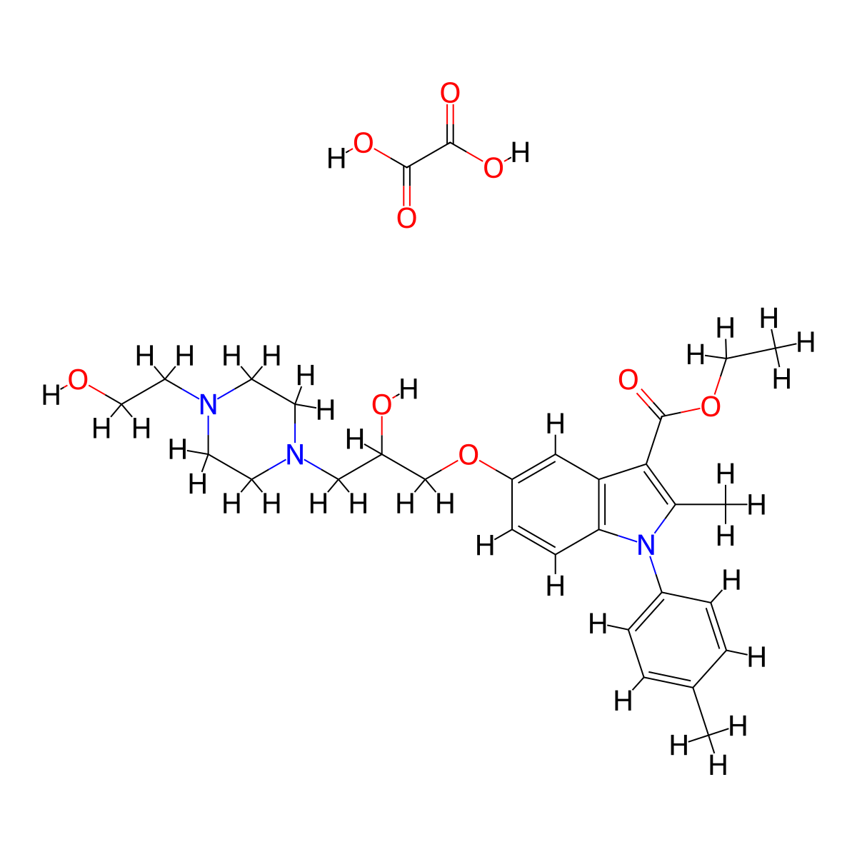 ethyl 5-(2-hydroxy-3-(4-(2-hydroxyethyl)piperazin-1-yl)propoxy)-2-methyl-1-(p-tolyl)-1H-indole-3-carboxylate oxalate molecular structure, CAS 1185442-37-8
