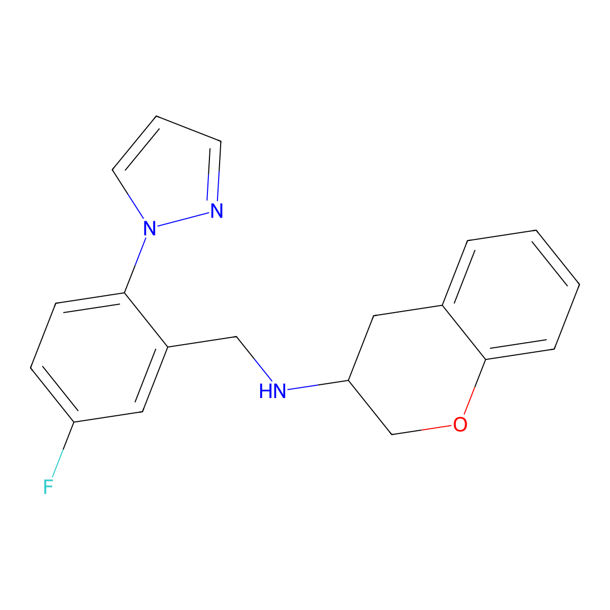 3,4-dihydro-2H-chromen-3-yl[5-fluoro-2-(1H-pyrazol-1-yl)benzyl]amine molecular structure, CAS 1185442-55-0