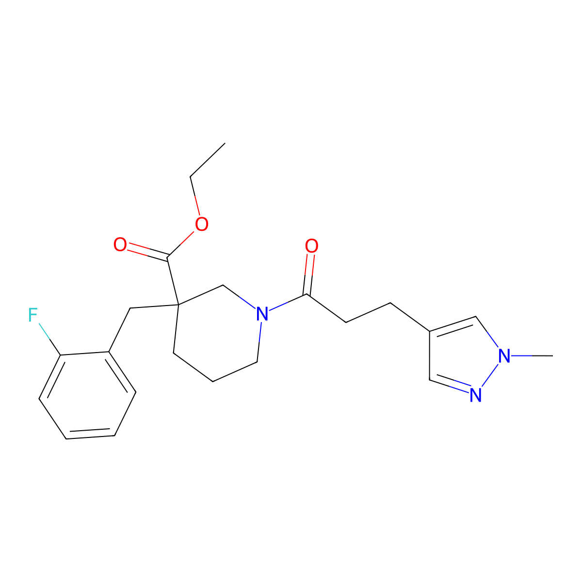 ethyl 3-(2-fluorobenzyl)-1-[3-(1-methyl-1H-pyrazol-4-yl)propanoyl]-3-piperidinecarboxylate molecular structure, CAS 1185443-06-4