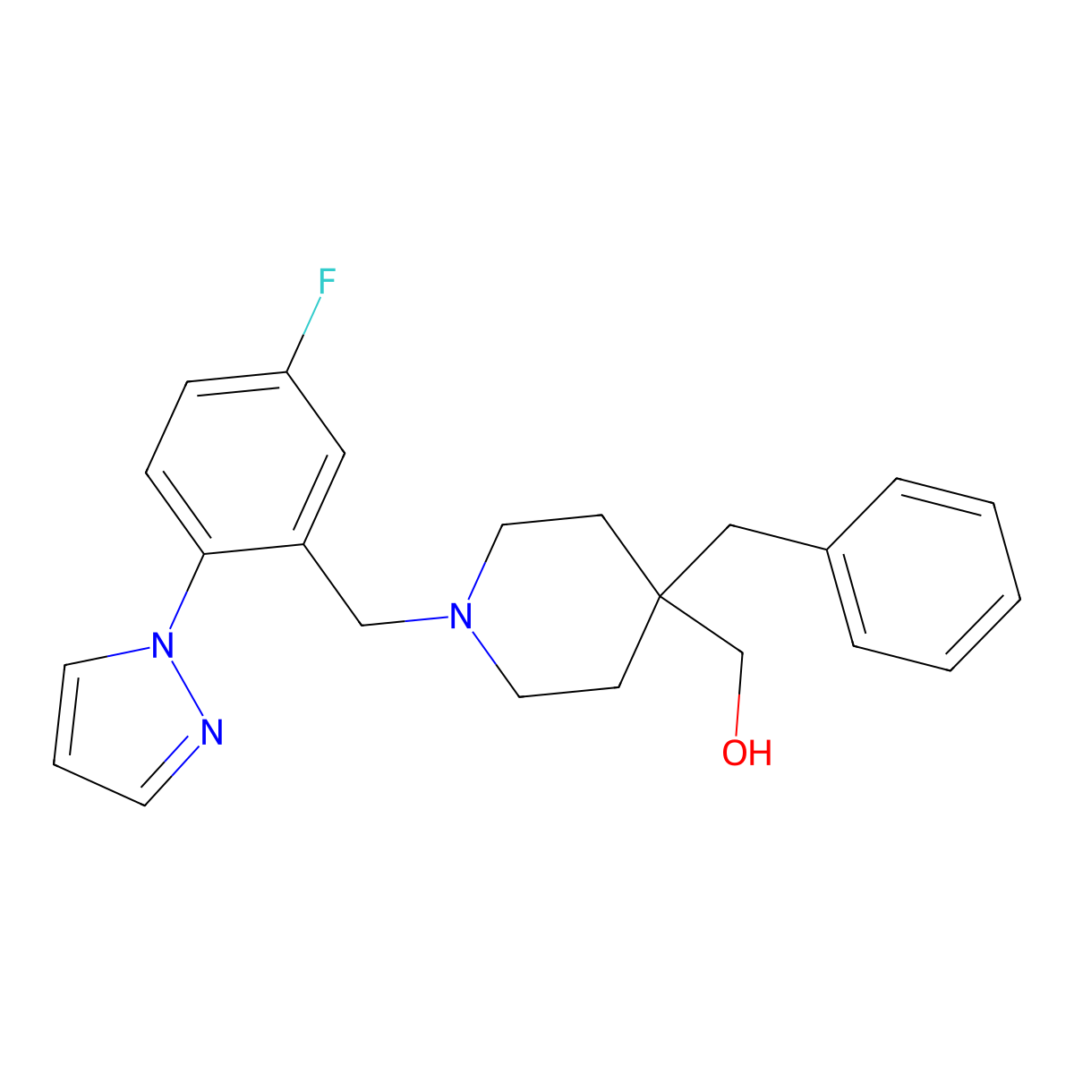 1-[[5-Fluoro-2-(1H-pyrazol-1-yl)phenyl]methyl]-4-(phenylmethyl)-4-piperidinemethanol molecular structure, CAS 1185473-56-6