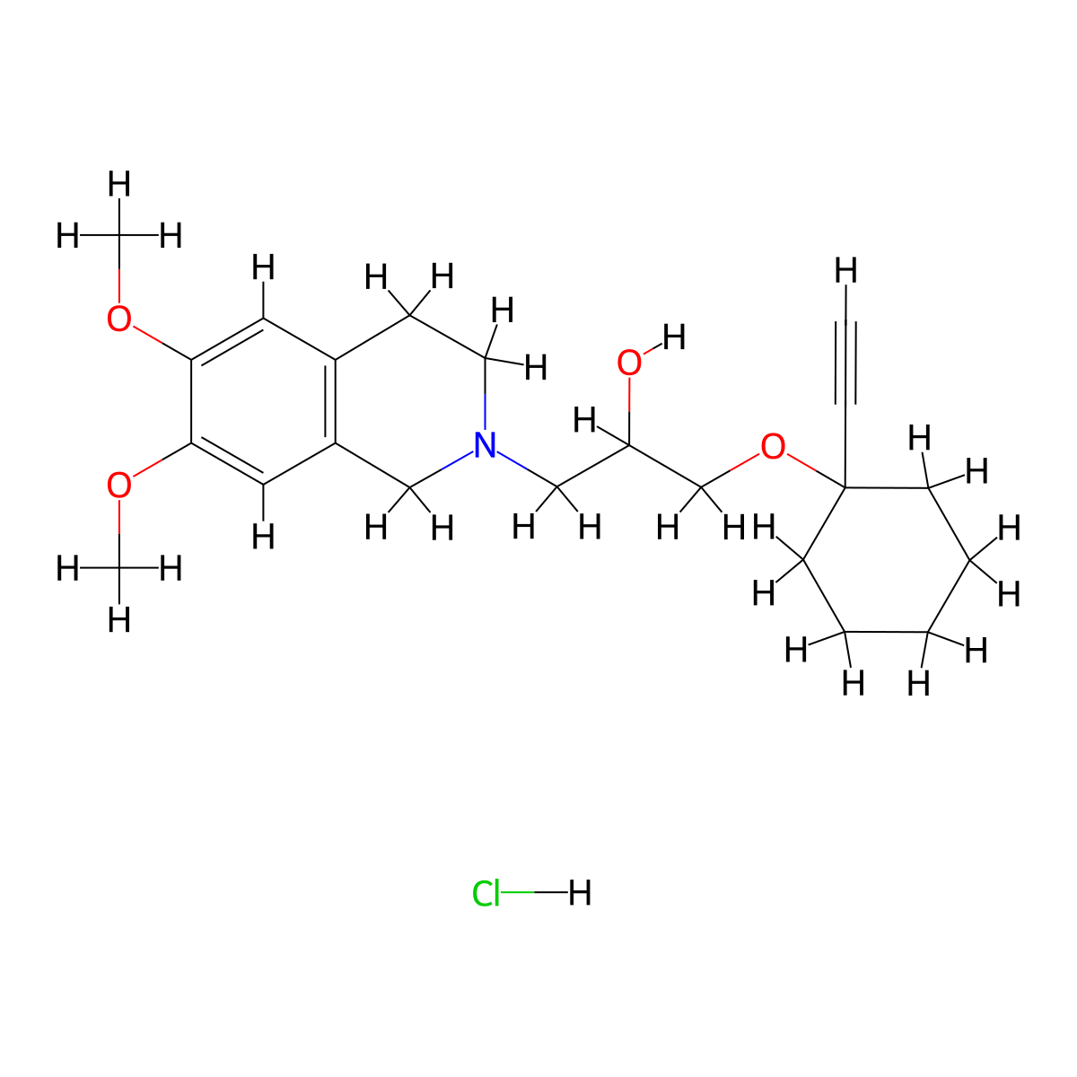 1-(6,7-dimethoxy-3,4-dihydroisoquinolin-2(1H)-yl)-3-((1-ethynylcyclohexyl)oxy)propan-2-ol hydrochloride molecular structure, CAS 1185481-19-9