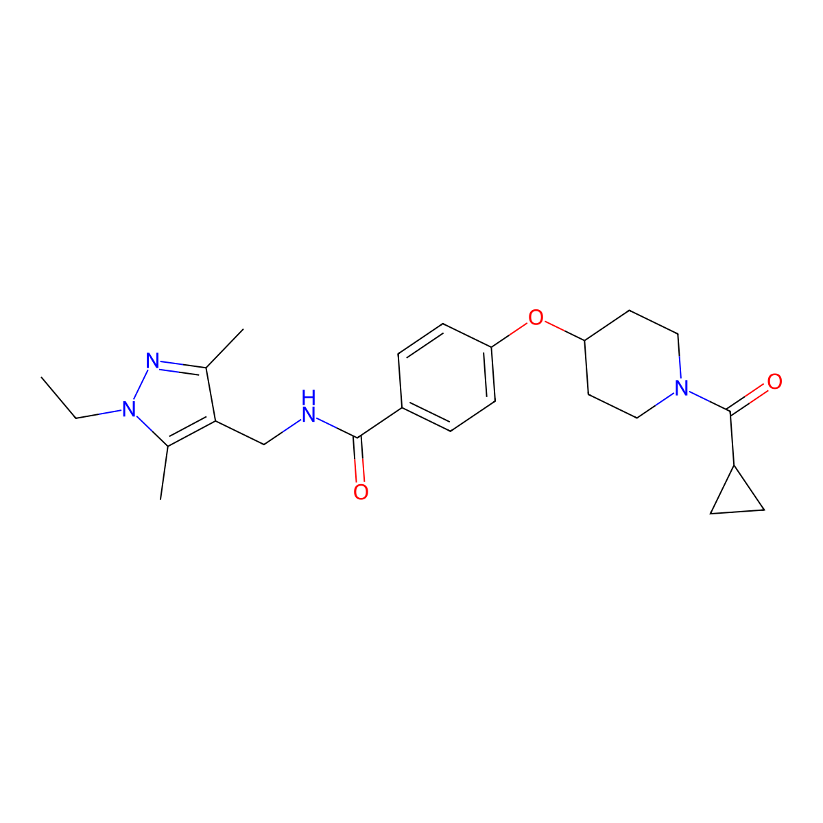 4-{[1-(cyclopropylcarbonyl)-4-piperidinyl]oxy}-N-[(1-ethyl-3,5-dimethyl-1H-pyrazol-4-yl)methyl]benzamide molecular structure, CAS 1185493-63-3