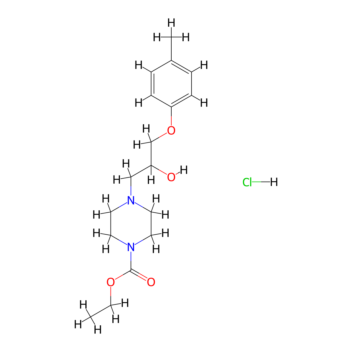 Ethyl 4-(2-hydroxy-3-(p-tolyloxy)propyl)piperazine-1-carboxylate hydrochloride molecular structure, CAS 1185499-20-0