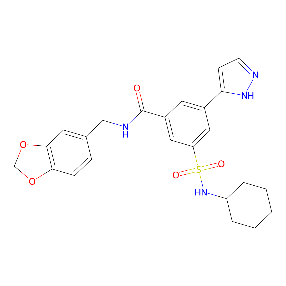 N-(1,3-benzodioxol-5-ylmethyl)-3-[(cyclohexylamino)sulfonyl]-5-(1H-pyrazol-3-yl)benzamide molecular structure, CAS 1185506-86-8