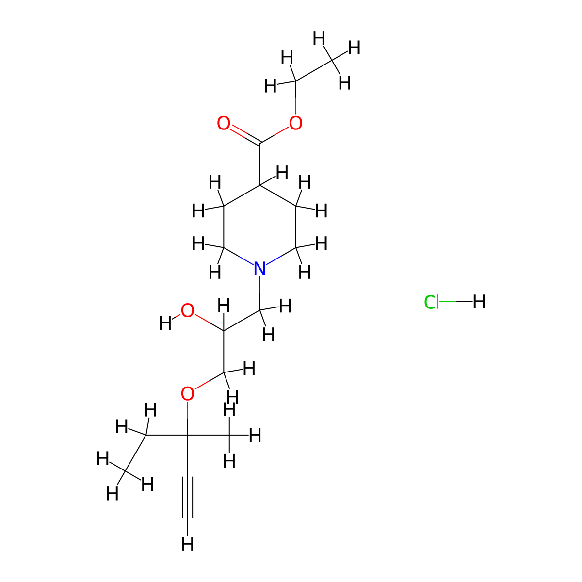 Ethyl 1-(2-hydroxy-3-((3-methylpent-1-yn-3-yl)oxy)propyl)piperidine-4-carboxylate hydrochloride molecular structure, CAS 1185534-05-7