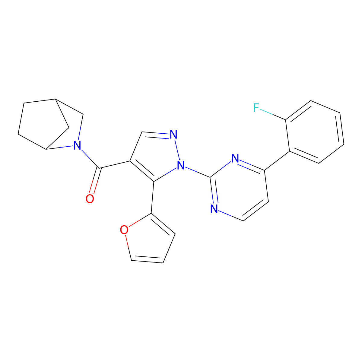 2-{[1-[4-(2-fluorophenyl)-2-pyrimidinyl]-5-(2-furyl)-1H-pyrazol-4-yl]carbonyl}-2-azabicyclo[2.2.1]heptane molecular structure, CAS 1185537-11-4