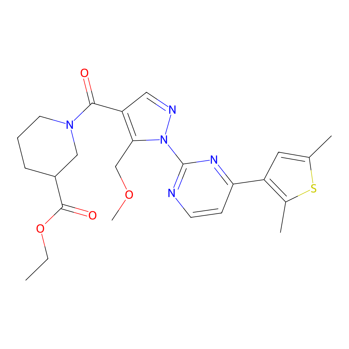 Ethyl 1-[1-[4-(2,5-dimethylthiophen-3-yl)pyrimidin-2-yl]-5-(methoxymethyl)pyrazole-4-carbonyl]piperidine-3-carboxylate molecular structure, CAS 1185579-45-6