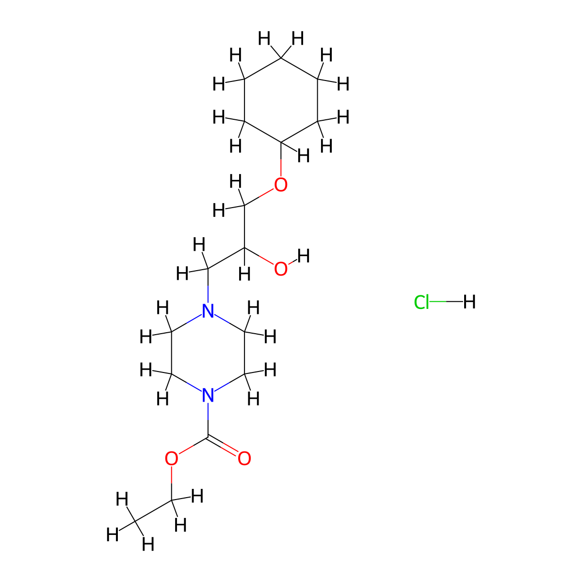 Ethyl 4-(3-(cyclohexyloxy)-2-hydroxypropyl)piperazine-1-carboxylate hydrochloride molecular structure, CAS 1185676-95-2