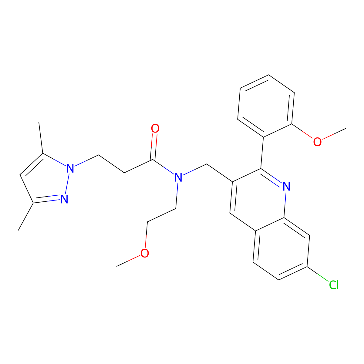 N-[[7-Chloro-2-(2-methoxyphenyl)-3-quinolinyl]methyl]-N-(2-methoxyethyl)-3,5-dimethyl-1H-pyrazole-1-propanamide molecular structure, CAS 1185690-99-6