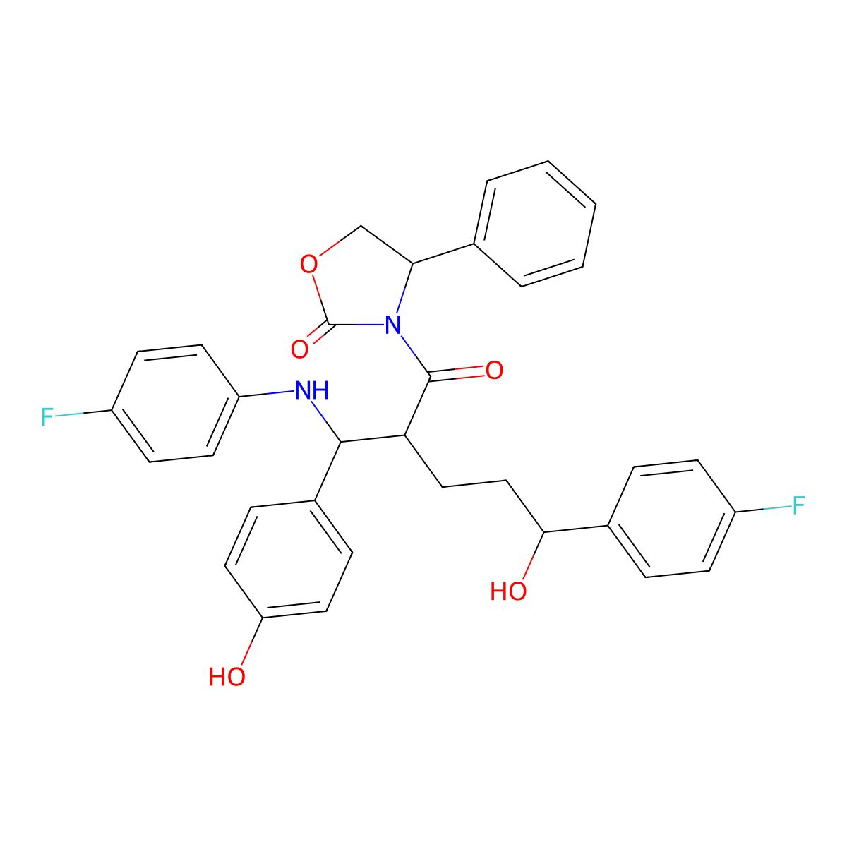(4S)-3-((2R,5S)-5-(4-Fluorophenyl)-2-((S)-((4-fluorophenyl)amino)(4-hydroxyphenyl)methyl)-5-hydroxy-1-oxopentyl)-4-phenyl-2-oxazolidinone molecular structure, CAS 1185883-40-2