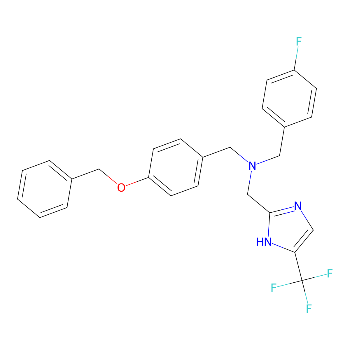 {[4-(benzyloxy)phenyl]methyl}[(4-fluorophenyl)methyl]{[4-(trifluoromethyl)-1H-imidazol-2-yl]methyl}amine molecular structure, CAS 1186194-70-6