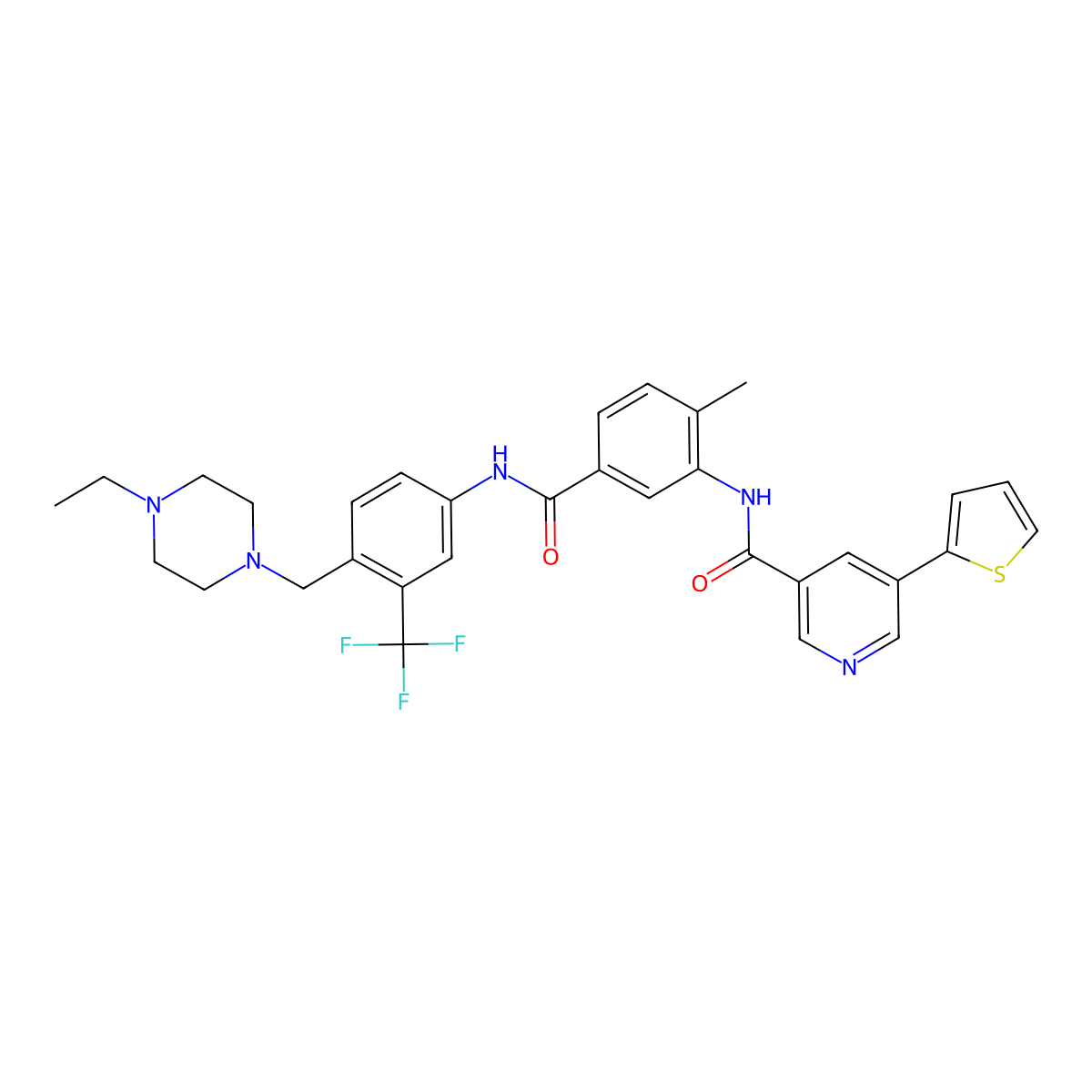 N-(5-((4-((4-ethylpiperazin-1-yl)methyl)-3-(trifluoromethyl)phenyl)carbamoyl)-2-methylphenyl)-5-(thiophen-2-yl)pyridine-3-carboxamide (6) molecular structure, CAS 1186206-79-0