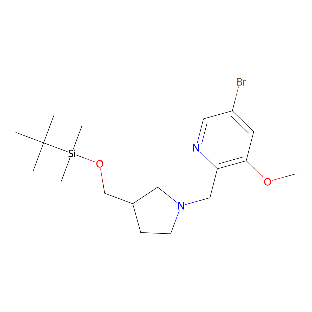 5-Bromo-2-((3-((tert-butyldimethylsilyloxy)methyl)pyrrolidin-1-yl)methyl)-3-methoxypyridine molecular structure, CAS 1186310-84-8