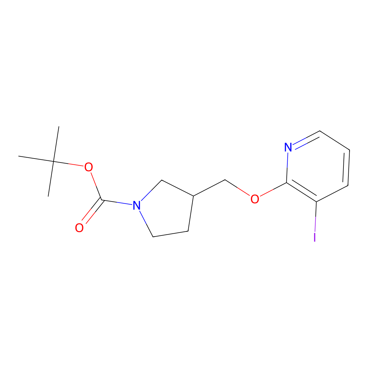 Tert-butyl 3-((3-iodopyridin-2-yloxy)methyl)-pyrrolidine-1-carboxylate molecular structure, CAS 1186310-99-5