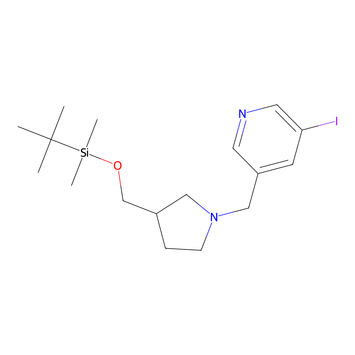 3-((3-((Tert-butyldimethylsilyloxy)methyl)-pyrrolidin-1-YL)methyl)-5-iodopyridine molecular structure, CAS 1186311-02-3