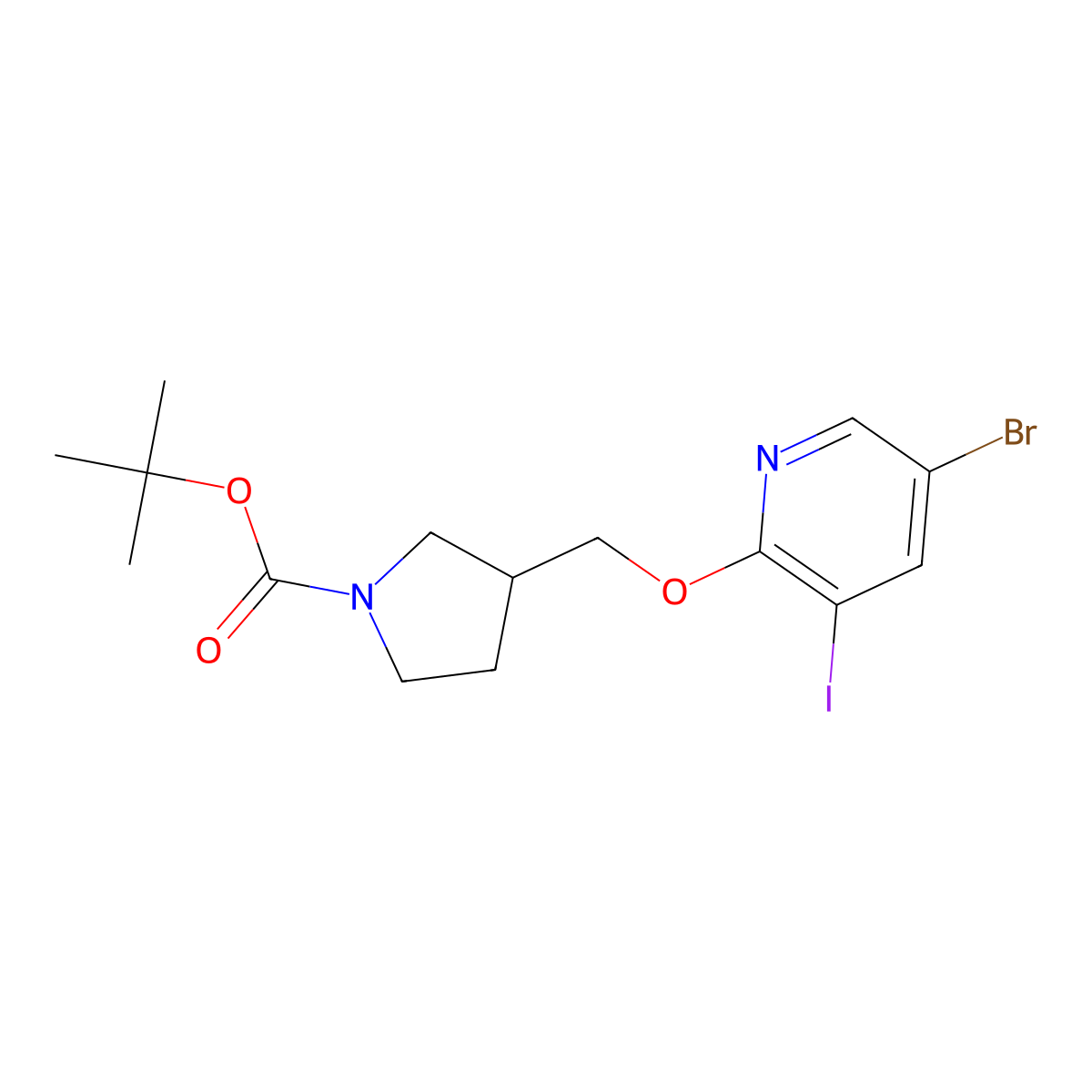 Tert-butyl 3-((5-bromo-3-iodopyridin-2-yloxy)-methyl)pyrrolidine-1-carboxylate molecular structure, CAS 1186311-10-3