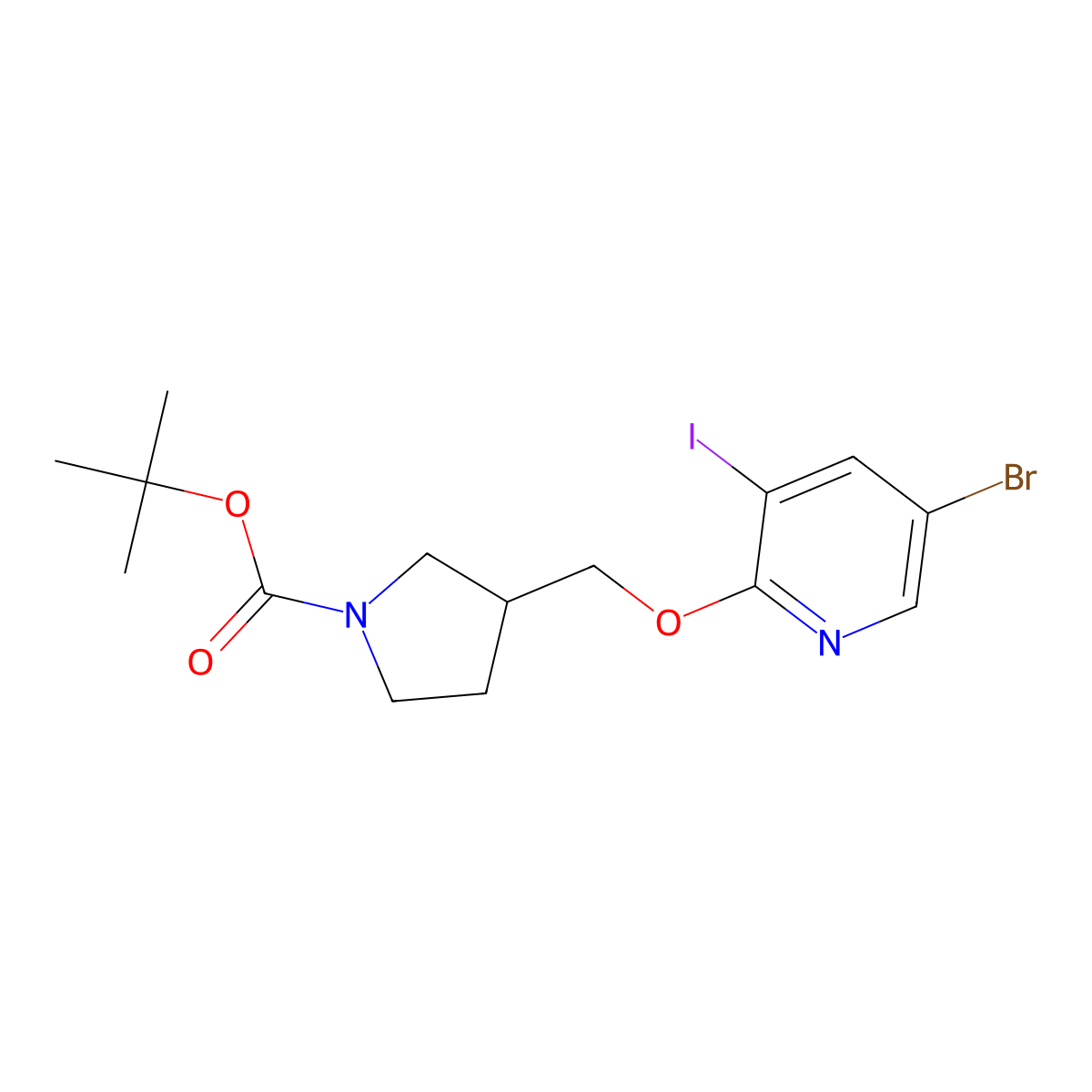 Tert-butyl 3-((5-bromo-3-iodopyridin-2-yloxy)-methyl)pyrrolidine-1-carboxylate molecular structure, CAS 1186311-10-3