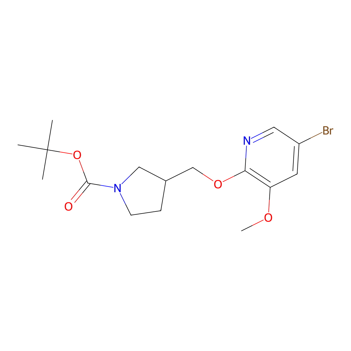 Tert-butyl 3-((5-bromo-3-methoxypyridin-2-yloxy)-methyl)pyrrolidine-1-carboxylate molecular structure, CAS 1186311-11-4