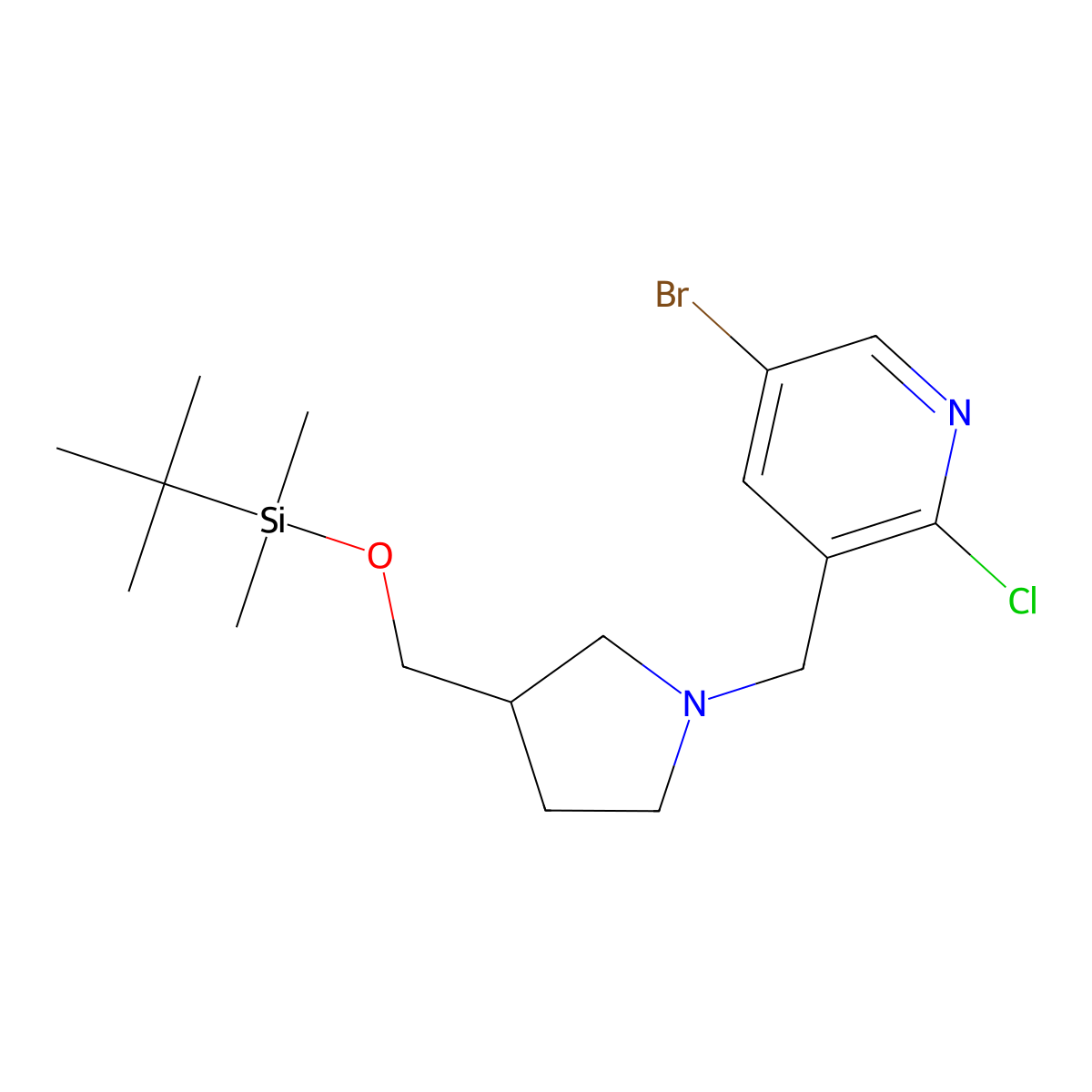 5-Bromo-3-((3-((tert-butyldimethylsilyloxy)methyl)pyrrolidin-1-yl)methyl)-2-chloropyridine molecular structure, CAS 1186311-13-6
