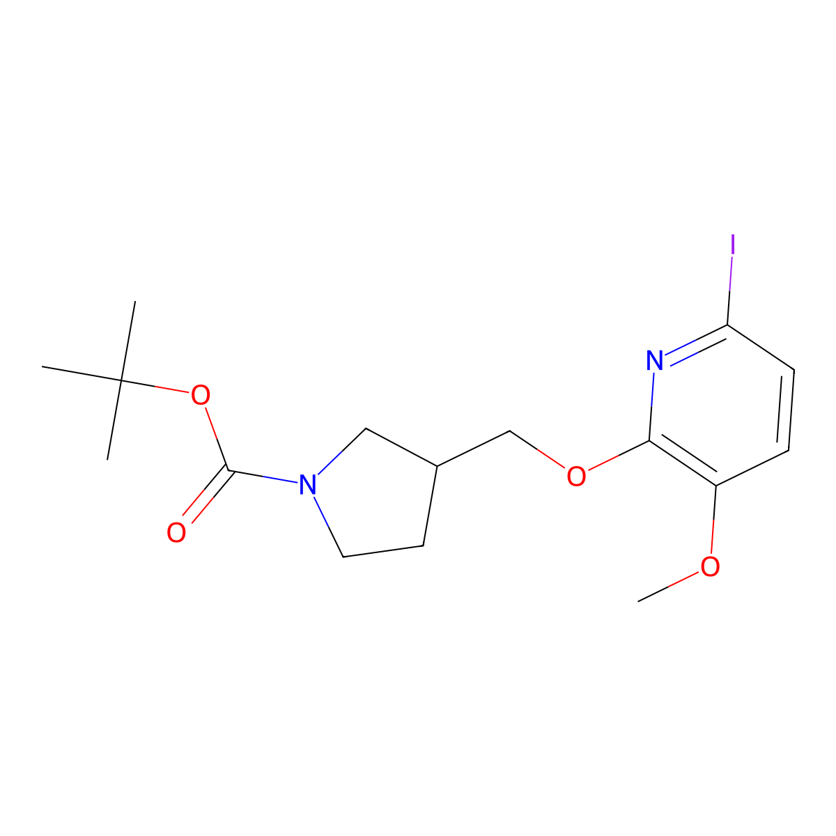 Tert-butyl 3-((6-iodo-3-methoxypyridin-2-yloxy)-methyl)pyrrolidine-1-carboxylate molecular structure, CAS 1186311-18-1