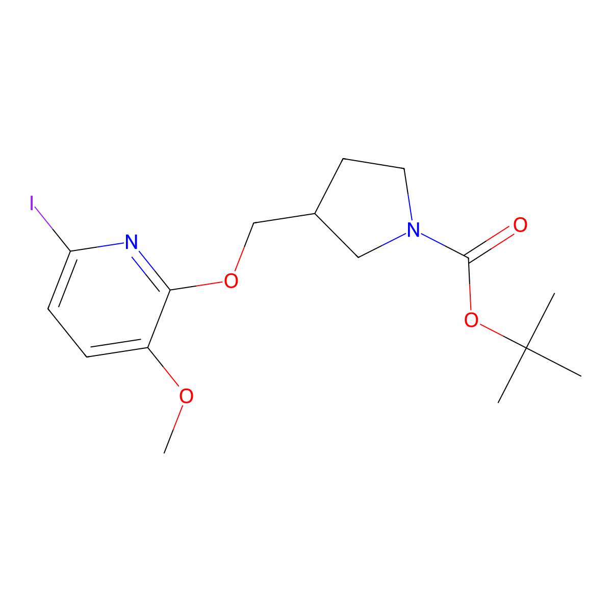 Tert-butyl 3-((6-iodo-3-methoxypyridin-2-yloxy)-methyl)pyrrolidine-1-carboxylate molecular structure, CAS 1186311-18-1