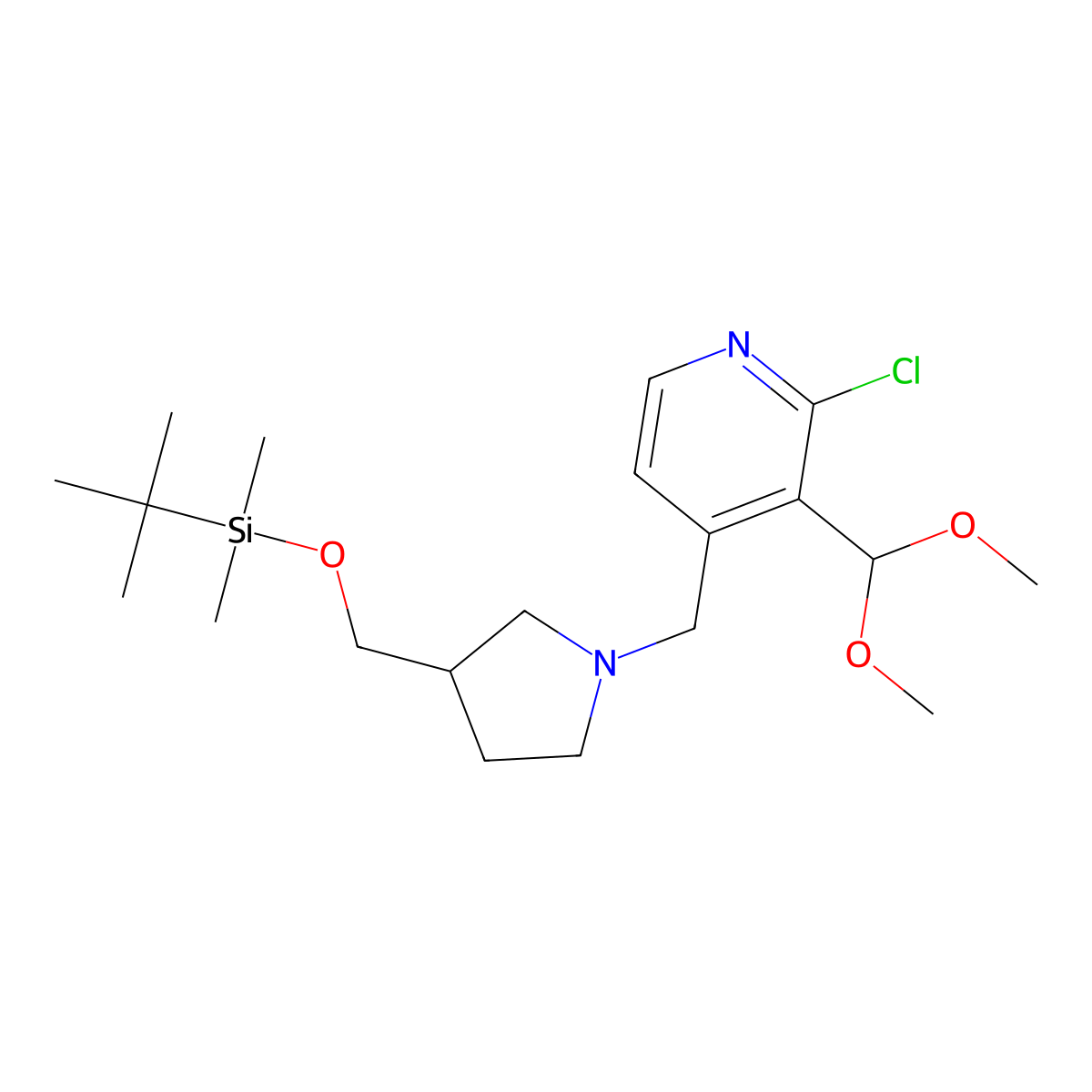 4-((3-((Tert-butyldimethylsilyloxy)methyl)pyrrolidin-1-yl)methyl)-2-chloro-3-(dimethoxymethyl)pyridine molecular structure, CAS 1186311-19-2