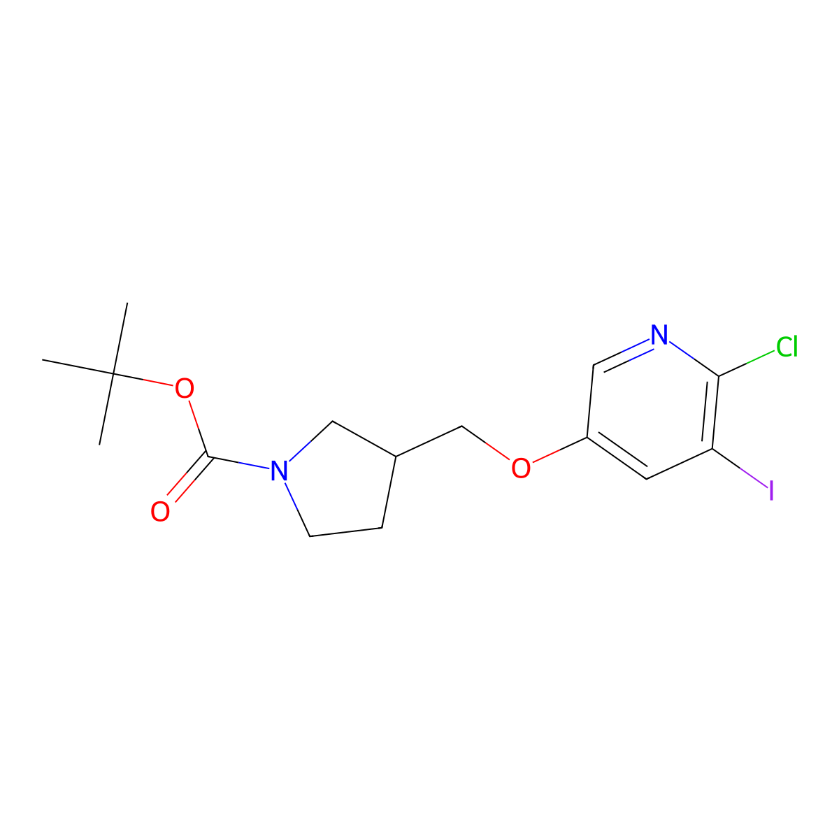 Tert-butyl 3-((6-chloro-5-iodopyridin-3-yloxy)-methyl)pyrrolidine-1-carboxylate molecular structure, CAS 1186311-20-5