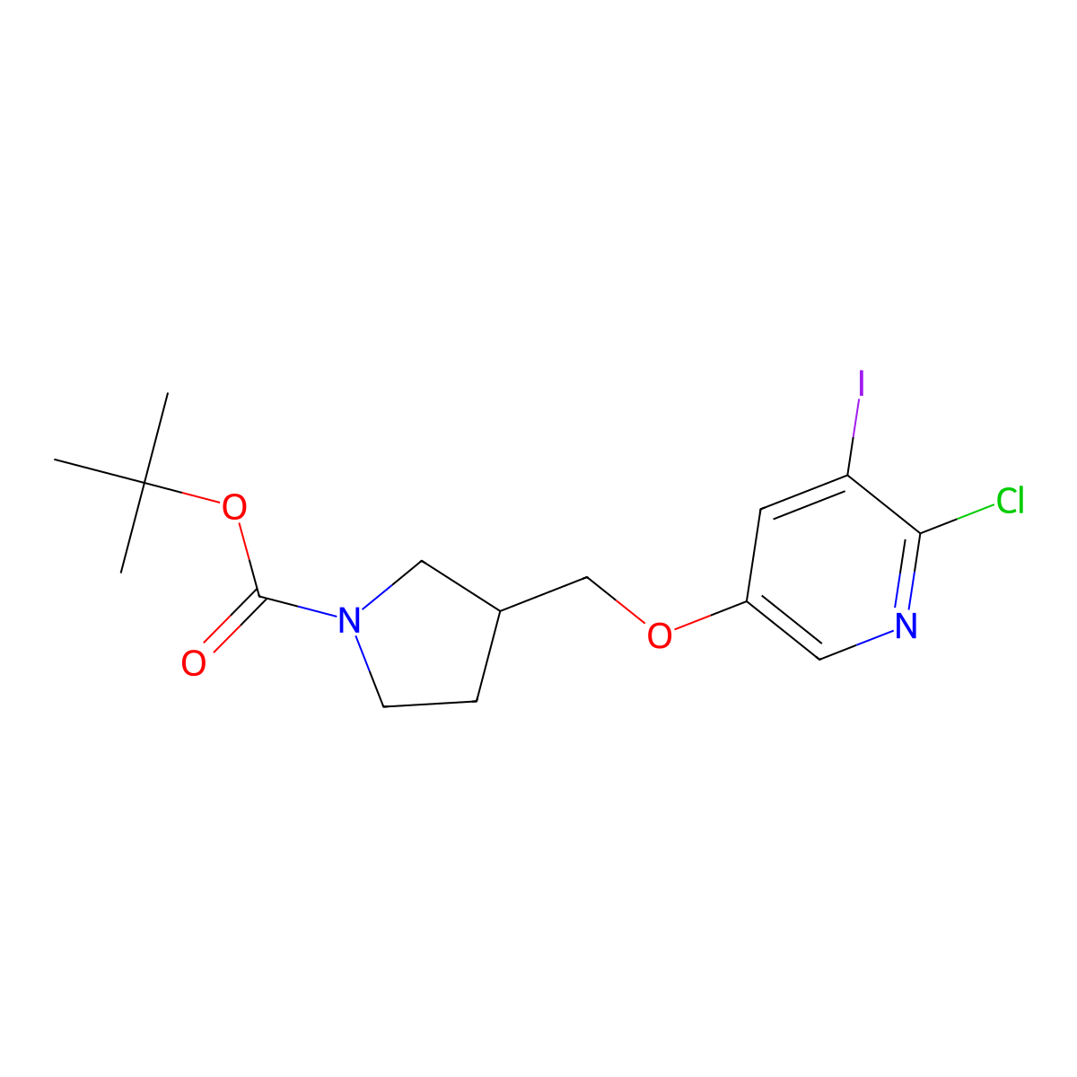 Tert-butyl 3-((6-chloro-5-iodopyridin-3-yloxy)-methyl)pyrrolidine-1-carboxylate molecular structure, CAS 1186311-20-5