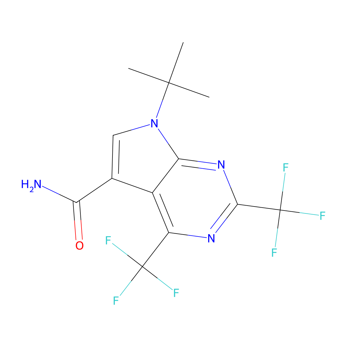 7-(tert-butyl)-2,4-bis(trifluoromethyl)-7H-pyrrolo[2,3-d]pyrimidine-5-carboxamide molecular structure, CAS 1186404-55-6