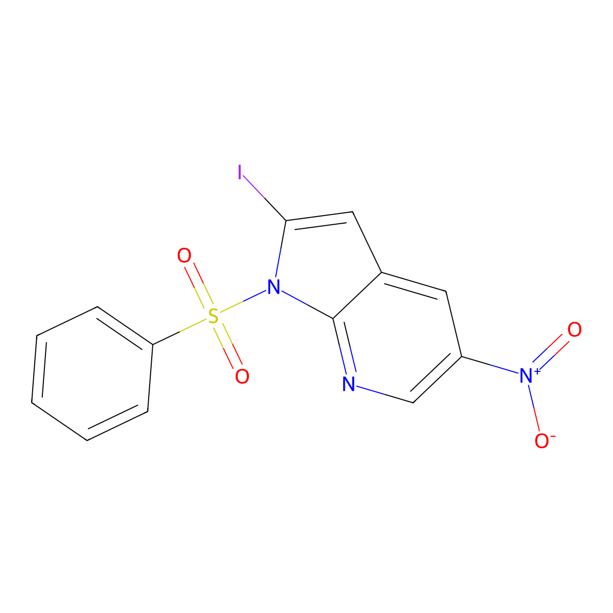 1H-Pyrrolo[2,3-b]pyridine, 2-iodo-5-nitro-1-(phenylsulfonyl)- molecular structure, CAS 1186501-78-9