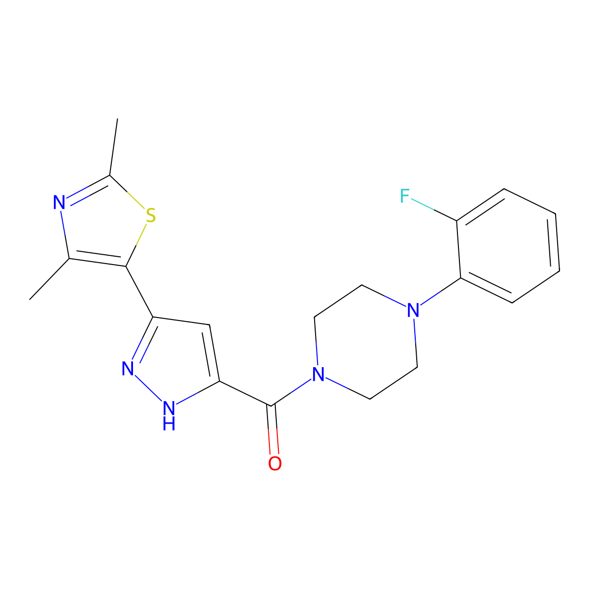 (3-(2,4-dimethylthiazol-5-yl)-1H-pyrazol-5-yl)(4-(2-fluorophenyl)piperazin-1-yl)methanone molecular structure, CAS 1186616-21-6