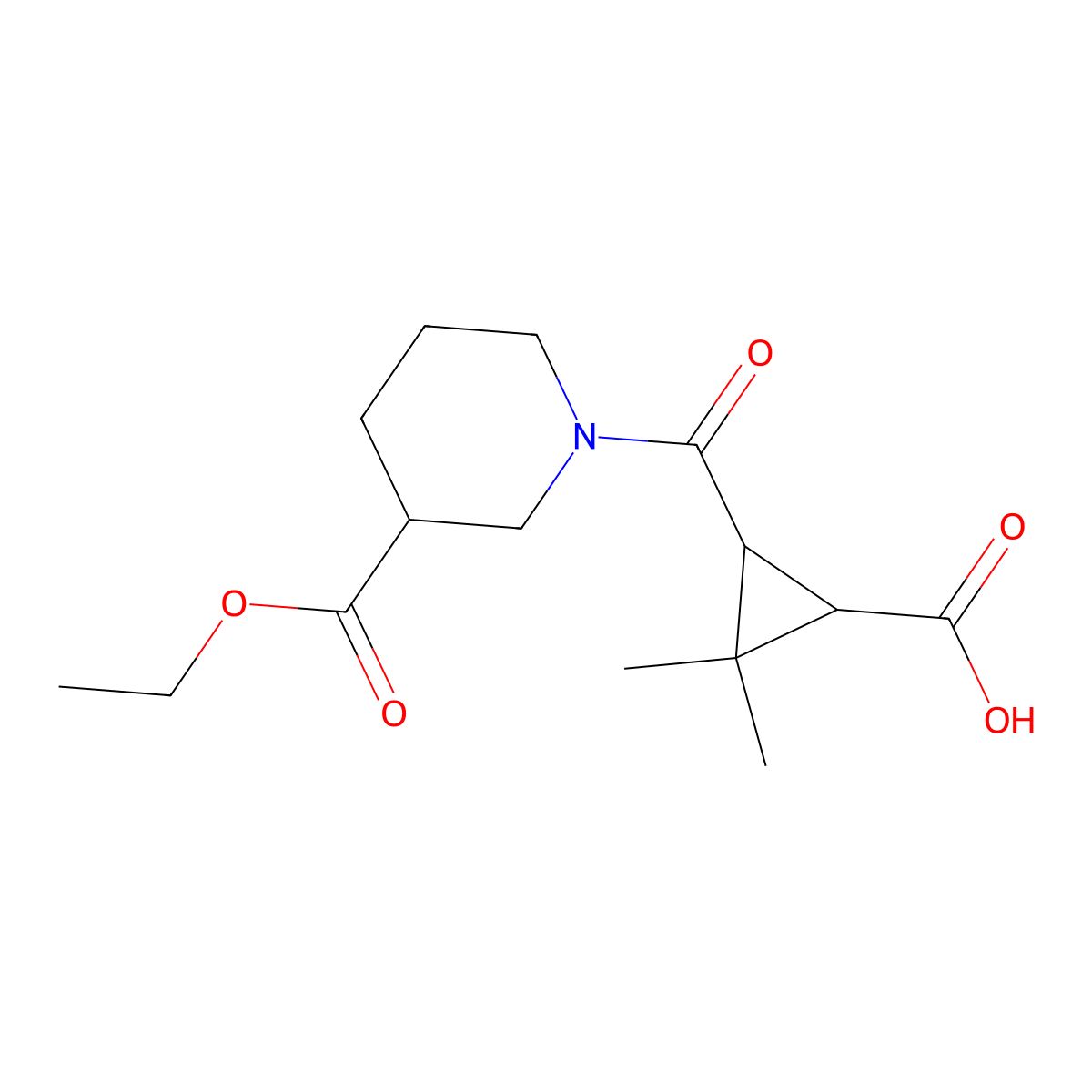 3-{[3-(Ethoxycarbonyl)piperidin-1-yl]carbonyl}-2,2-dimethylcyclopropanecarboxylic acid molecular structure, CAS 1186647-30-2