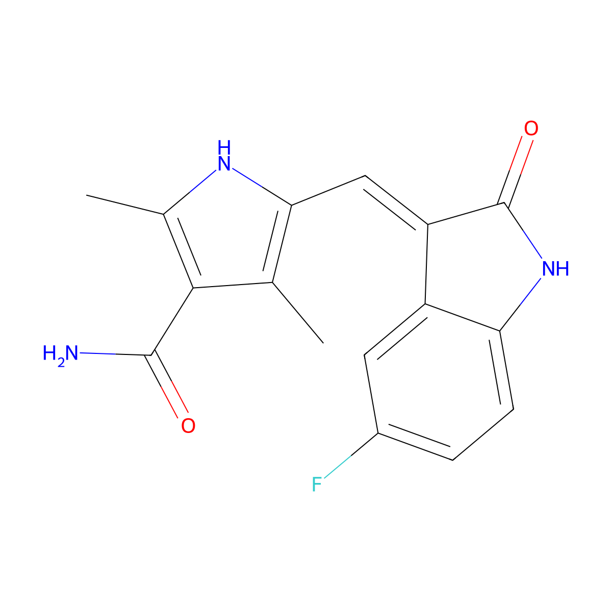 5-((Z)-(5-Fluoro-1,2-dihydro-2-oxo-3H-indol-3-ylidene)methyl)-2,4-dimethyl-1H-pyrrole-3-carboxamide molecular structure, CAS 1186651-51-3