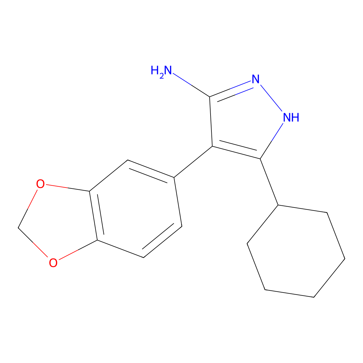 4-(2H-1,3-benzodioxol-5-yl)-3-cyclohexyl-1H-pyrazol-5-amine molecular structure, CAS 1186679-65-1