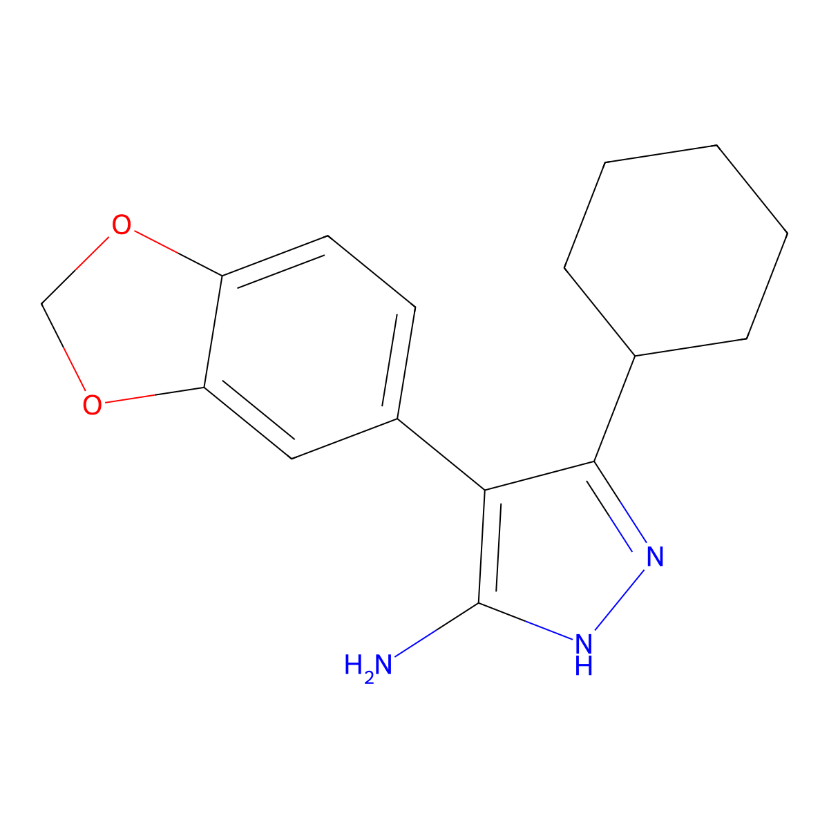 4-(2H-1,3-benzodioxol-5-yl)-3-cyclohexyl-1H-pyrazol-5-amine molecular structure, CAS 1186679-65-1