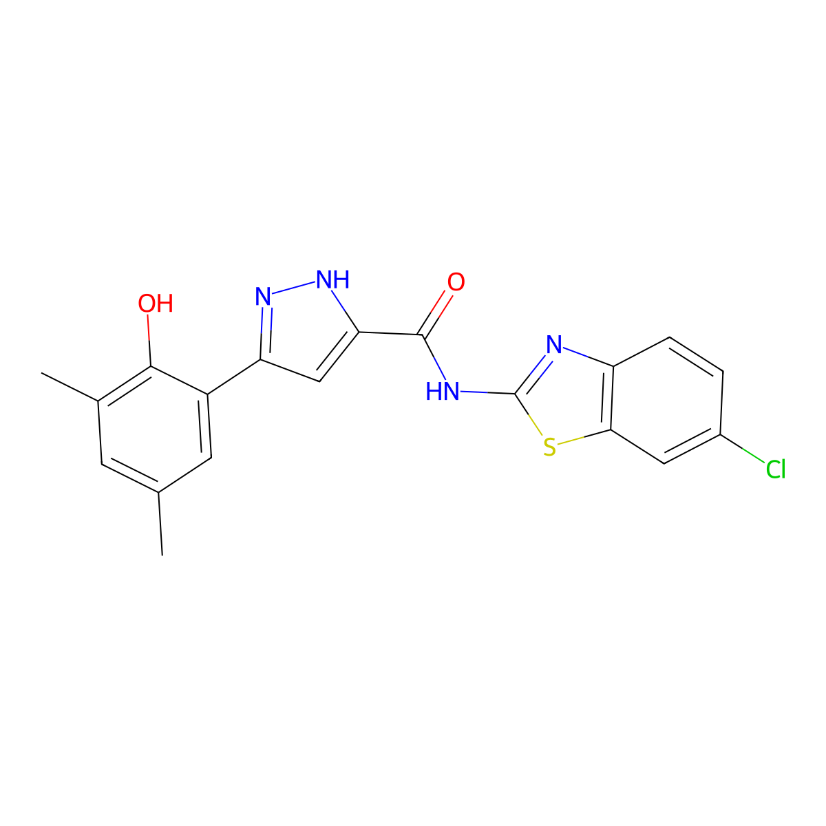 N-(6-chloro-1,3-benzothiazol-2-yl)-5-(2-hydroxy-3,5-dimethylphenyl)-1H-pyrazole-3-carboxamide molecular structure, CAS 1187058-38-3