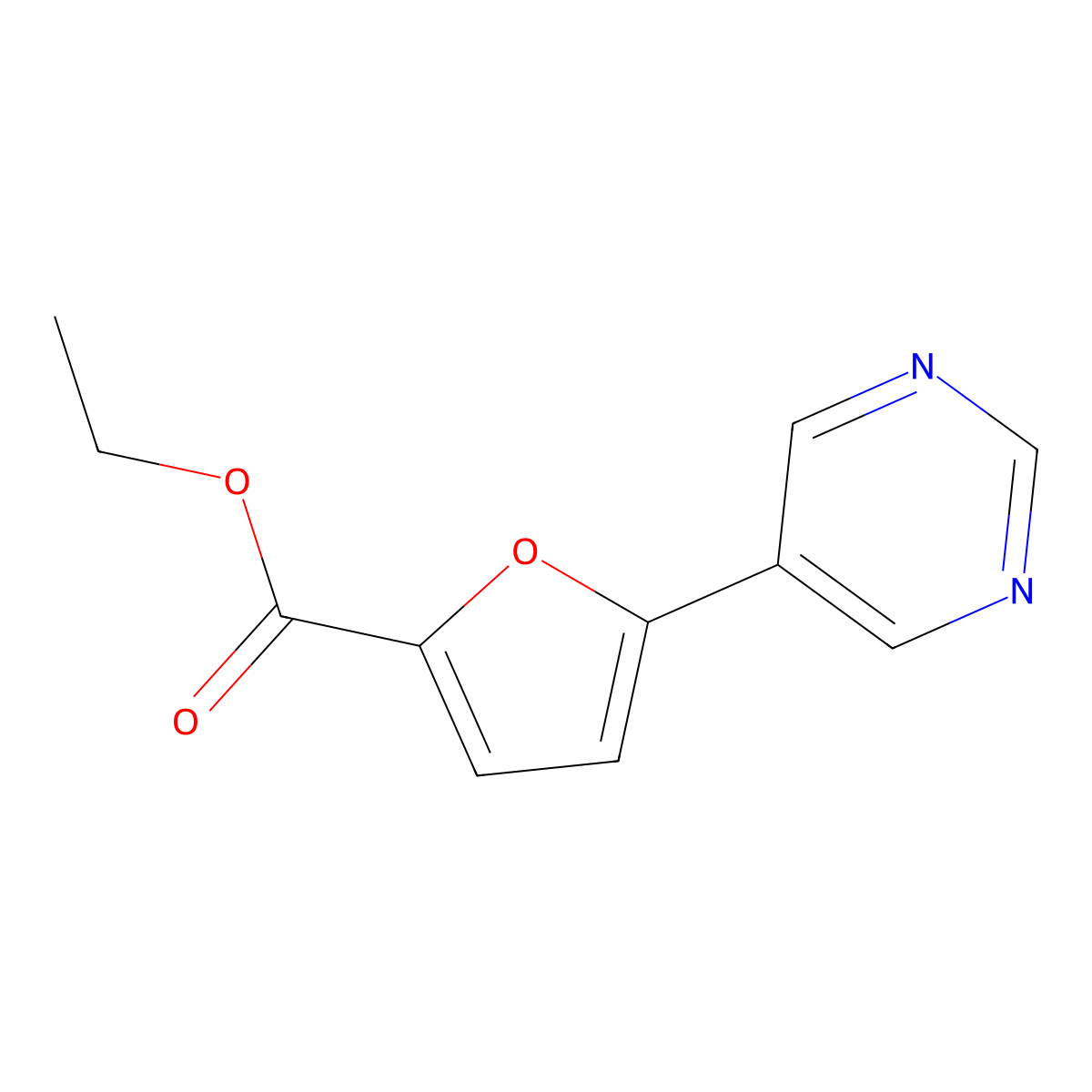 Ethyl 5-(5-pyrimidyl)-2-furoate molecular structure, CAS 1187163-42-3