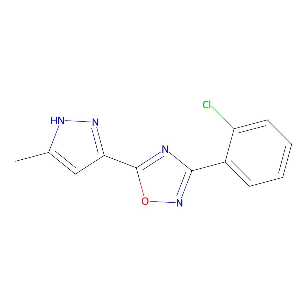 3-(2-chlorophenyl)-5-(3-methyl-1H-pyrazol-5-yl)-1,2,4-oxadiazole molecular structure, CAS 1187336-15-7