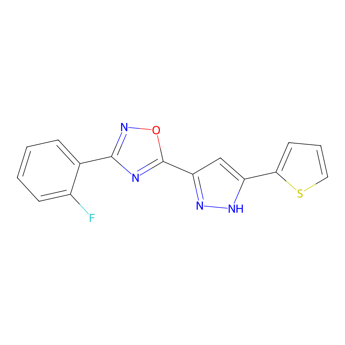 3-(2-fluorophenyl)-5-(3-(thiophen-2-yl)-1H-pyrazol-5-yl)-1,2,4-oxadiazole molecular structure, CAS 1187336-18-0