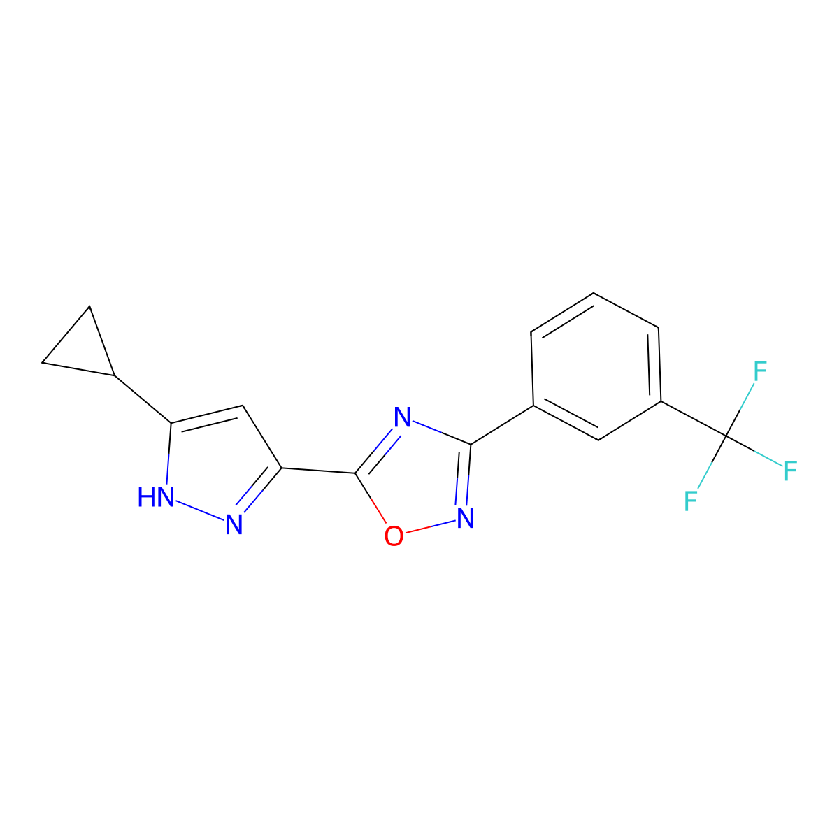 5-(3-cyclopropyl-1H-pyrazol-5-yl)-3-(3-(trifluoromethyl)phenyl)-1,2,4-oxadiazole molecular structure, CAS 1187337-56-9