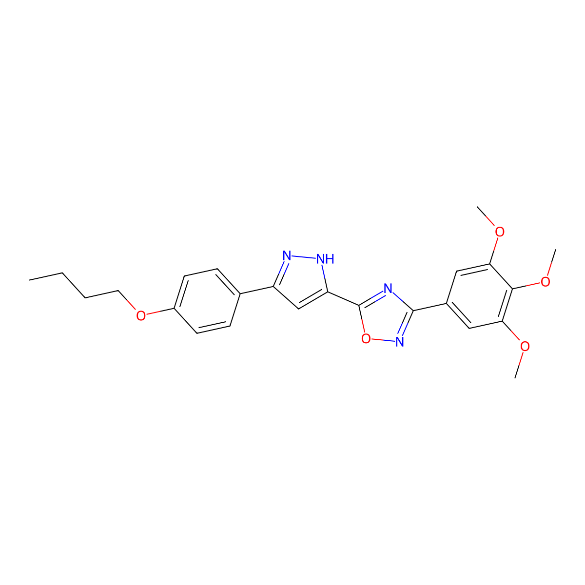 5-[3-(4-butoxyphenyl)-1H-pyrazol-5-yl]-3-(3,4,5-trimethoxyphenyl)-1,2,4-oxadiazole molecular structure, CAS 1187345-99-8