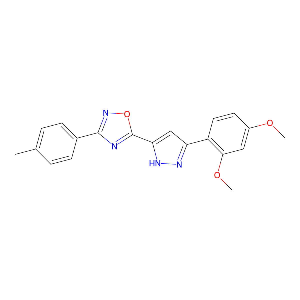 5-[3-(2,4-dimethoxyphenyl)-1H-pyrazol-5-yl]-3-(4-methylphenyl)-1,2,4-oxadiazole molecular structure, CAS 1187346-02-6