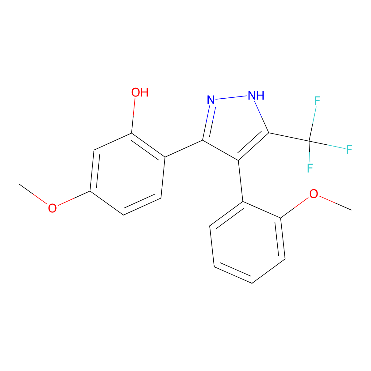 5-methoxy-2-(4-(2-methoxyphenyl)-5-(trifluoromethyl)-1H-pyrazol-3-yl)phenol molecular structure, CAS 1187346-57-1