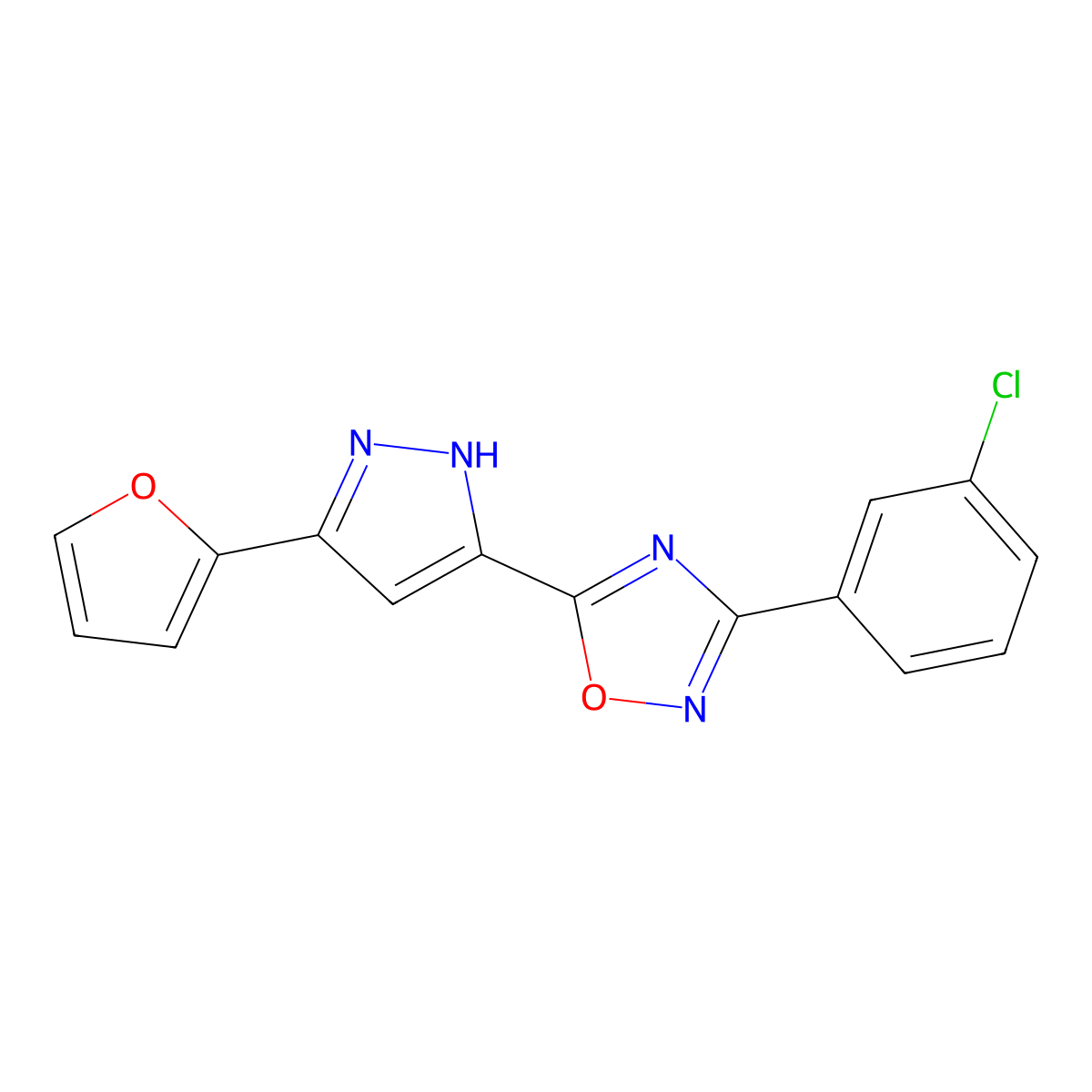 3-(3-chlorophenyl)-5-[3-(furan-2-yl)-1H-pyrazol-5-yl]-1,2,4-oxadiazole molecular structure, CAS 1187360-65-1