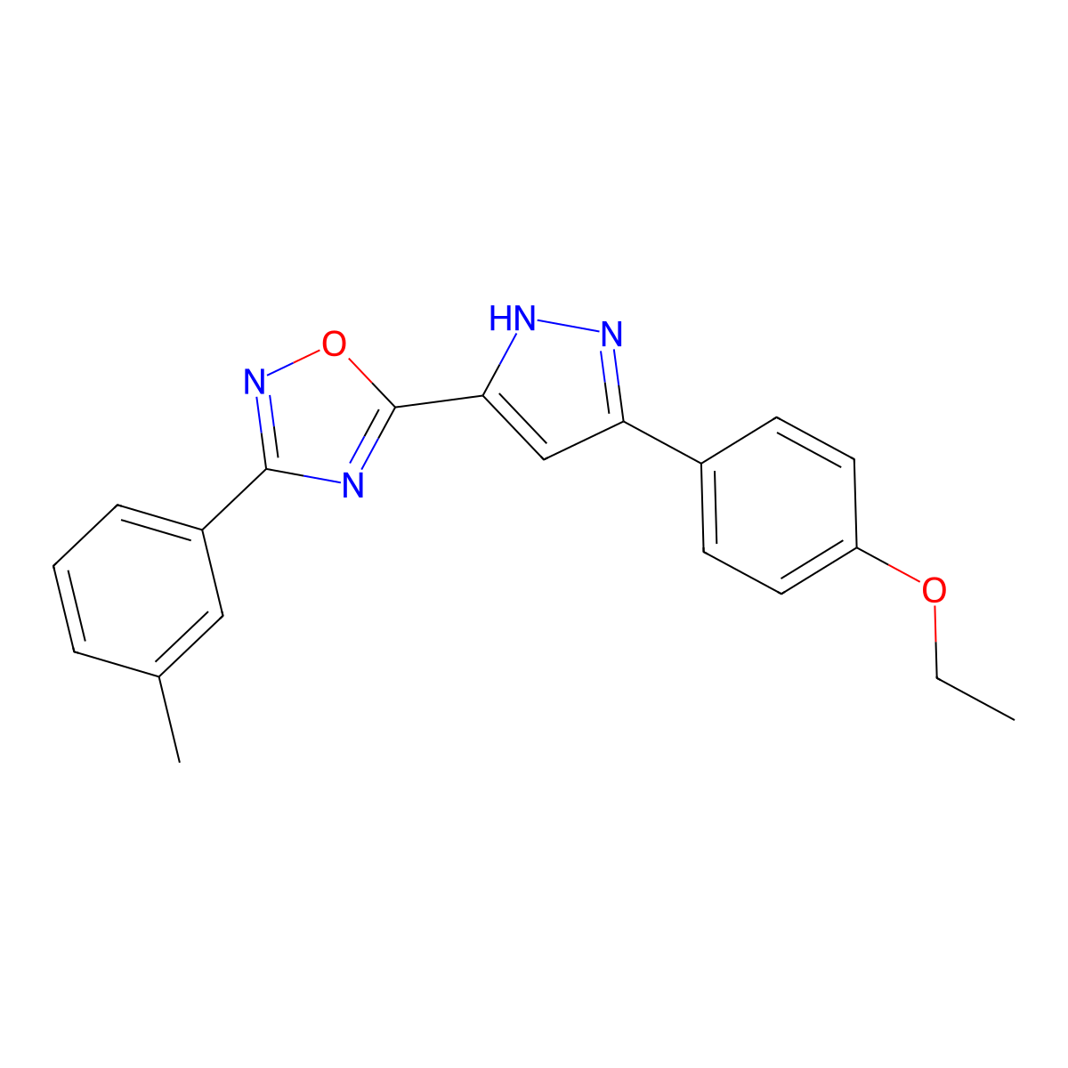 5-[3-(4-ethoxyphenyl)-1H-pyrazol-5-yl]-3-(3-methylphenyl)-1,2,4-oxadiazole molecular structure, CAS 1187360-68-4