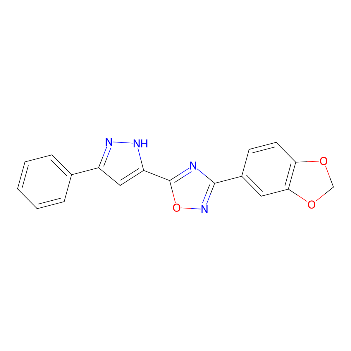 3-(benzo[d][1,3]dioxol-5-yl)-5-(3-phenyl-1H-pyrazol-5-yl)-1,2,4-oxadiazole molecular structure, CAS 1187446-98-5