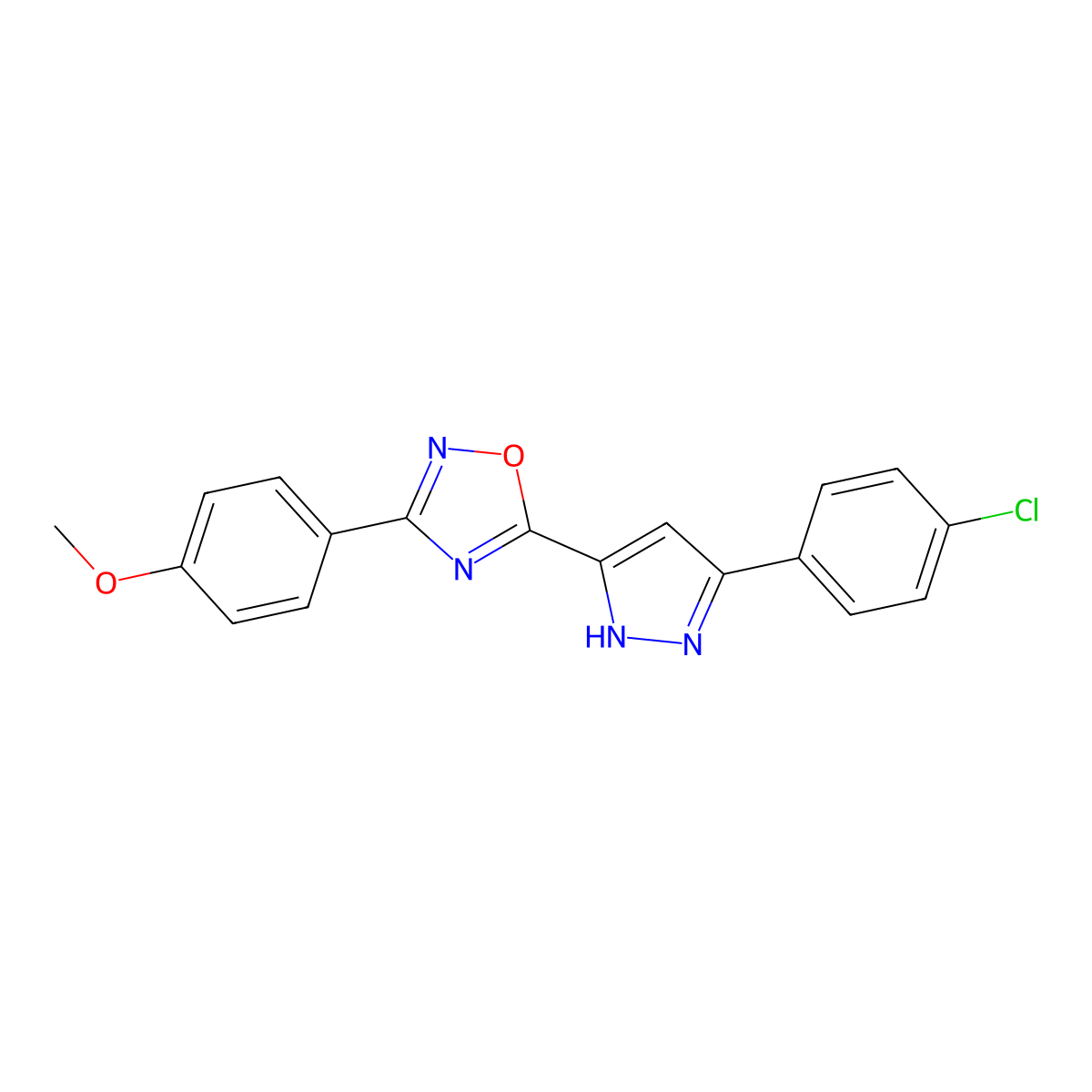 5-[3-(4-chlorophenyl)-1H-pyrazol-5-yl]-3-(4-methoxyphenyl)-1,2,4-oxadiazole molecular structure, CAS 1187447-26-2