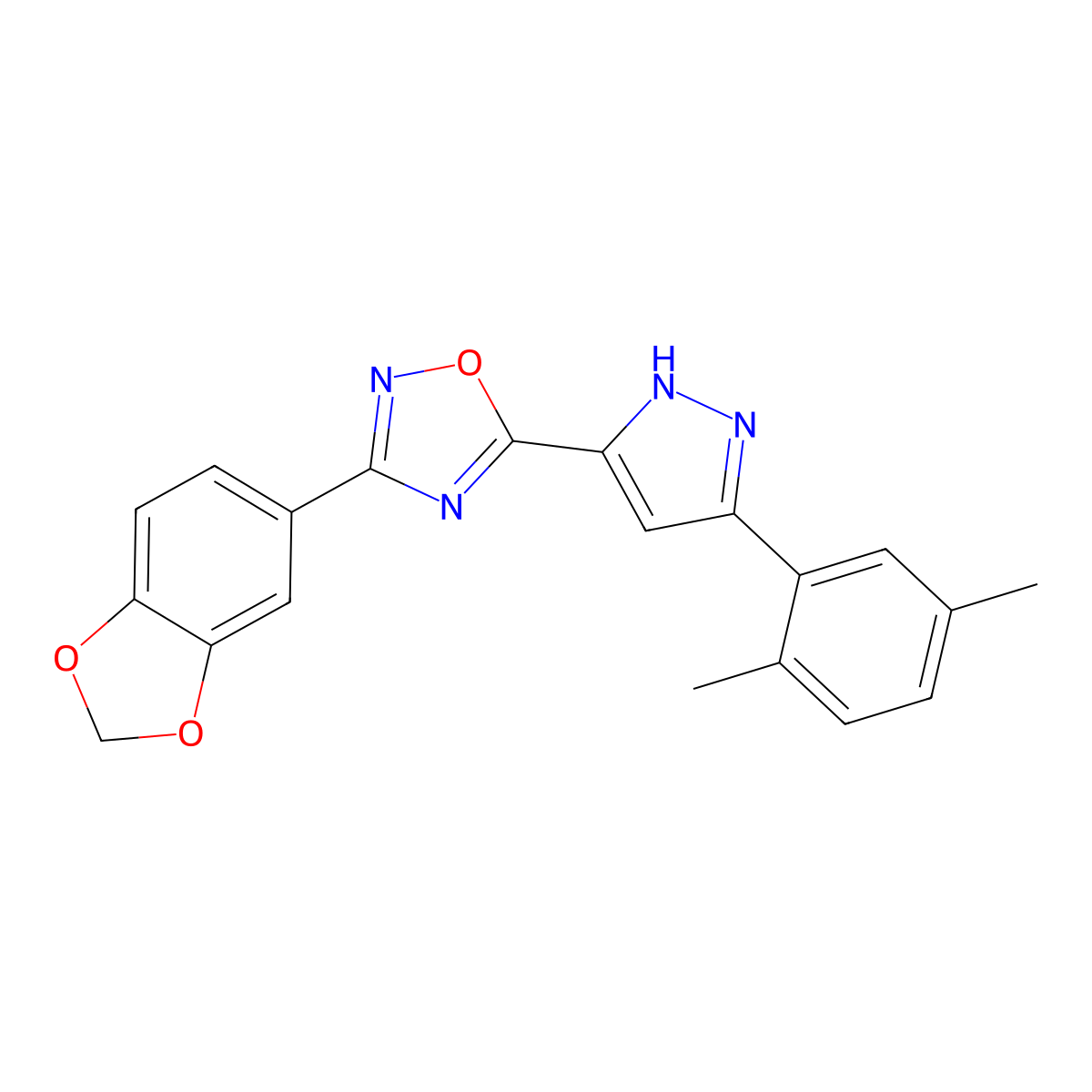3-(1,3-benzodioxol-5-yl)-5-[3-(2,5-dimethylphenyl)-1H-pyrazol-5-yl]-1,2,4-oxadiazole molecular structure, CAS 1187447-27-3