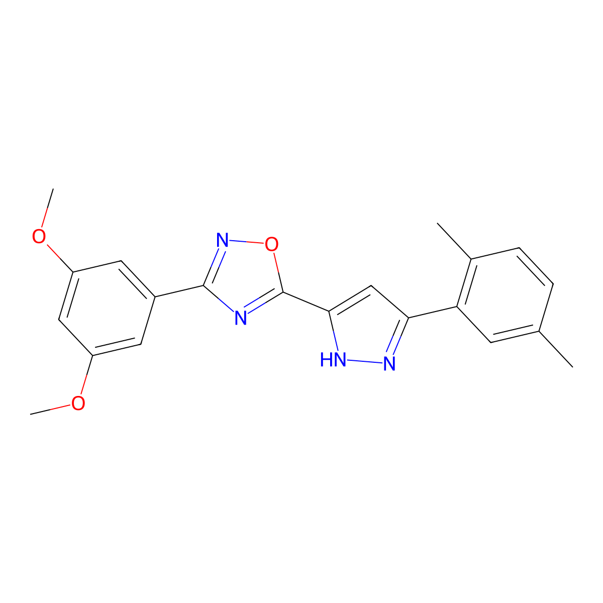 3-(3,5-dimethoxyphenyl)-5-[3-(2,5-dimethylphenyl)-1H-pyrazol-5-yl]-1,2,4-oxadiazole molecular structure, CAS 1187447-28-4