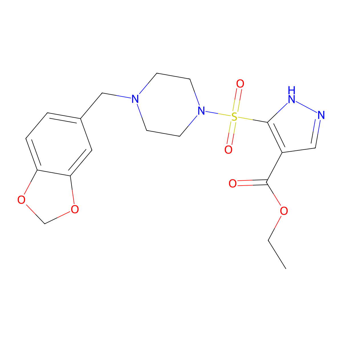 ethyl 5-({4-[(2H-1,3-benzodioxol-5-yl)methyl]piperazin-1-yl}sulfonyl)-1H-pyrazole-4-carboxylate molecular structure, CAS 1187634-16-7
